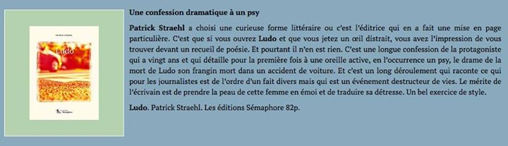 Selon Culture Hebdo, « Ludo » de Patrick Straehl est « un bel exercice… (via facebook)